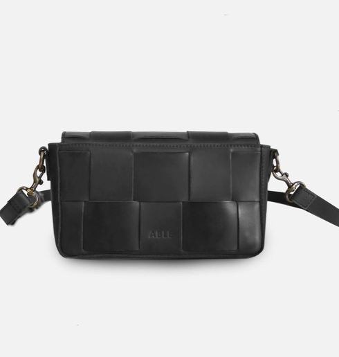 Mini Flap Woven Crossbody, Black Leather
