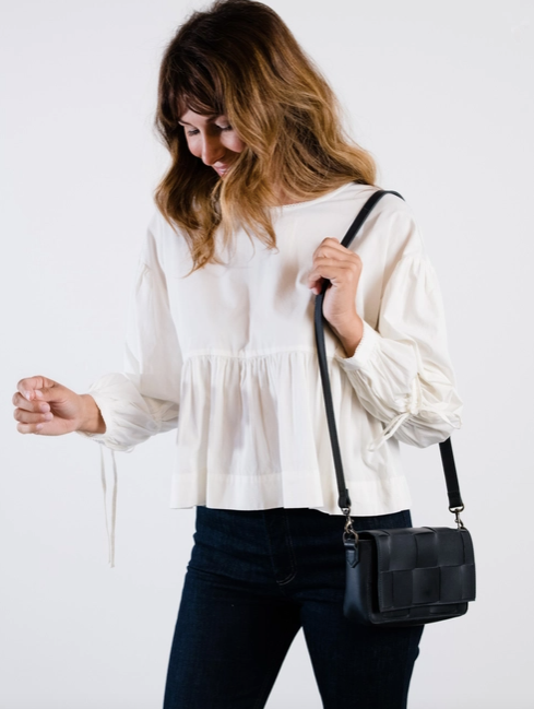 Mini Flap Woven Crossbody, Black Leather