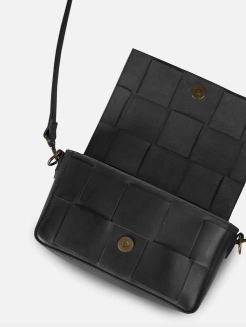 Mini Flap Woven Crossbody, Black Leather