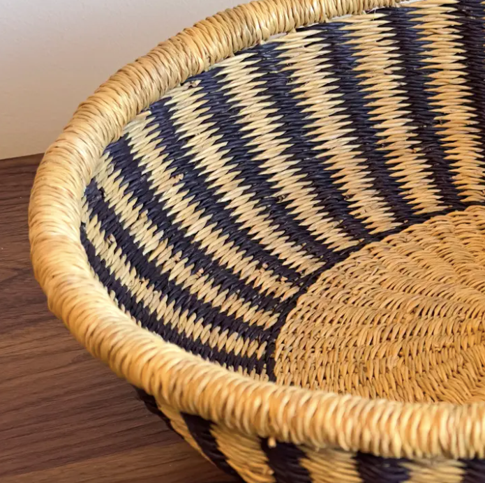 Handwoven Bolga Table Basket in Natural Black Stripes