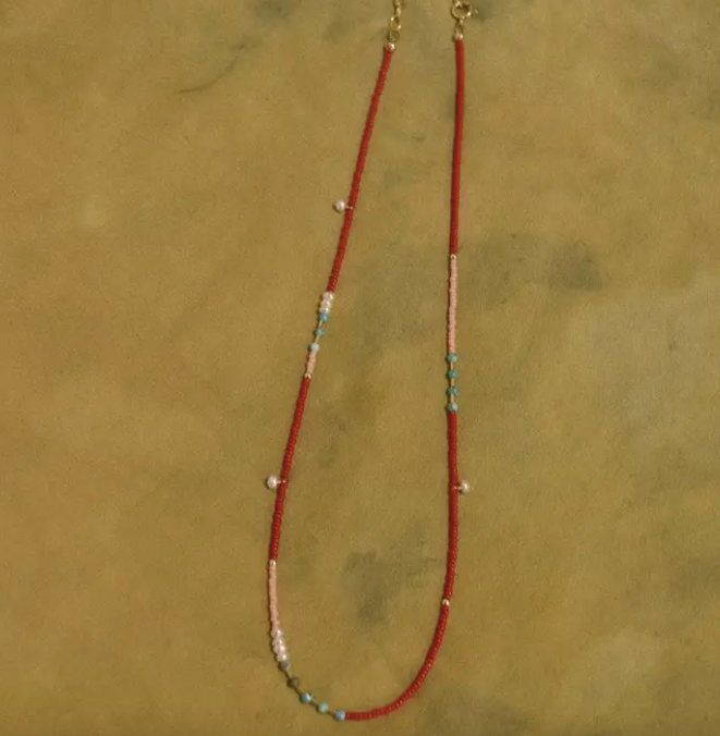 Beaded Necklace in Cherry with Freshwater Pearls and Turquoise