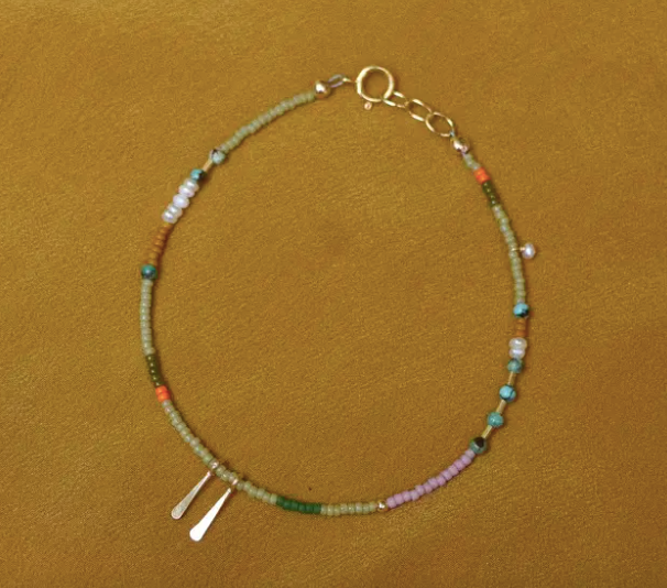 Dainty Seed Bead Bracelet in Sage with Turquoise