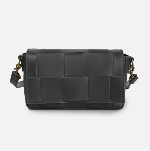 Mini Flap Woven Crossbody in Black Leather