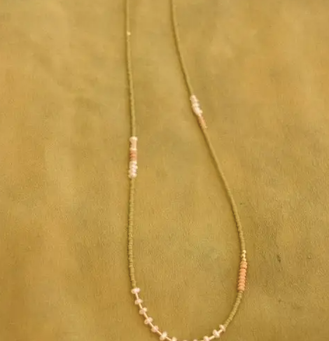 Dainty Beaded Necklace in Sage & Freshwater Pearls