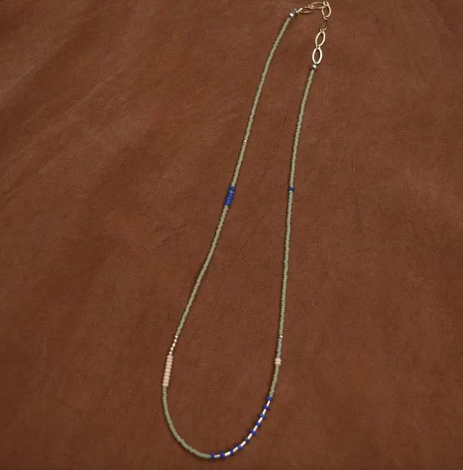 Dainty Beaded Necklace in Sage & Lapis