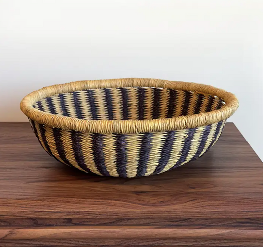 Handwoven Bolga Table Basket in Natural Black Stripes