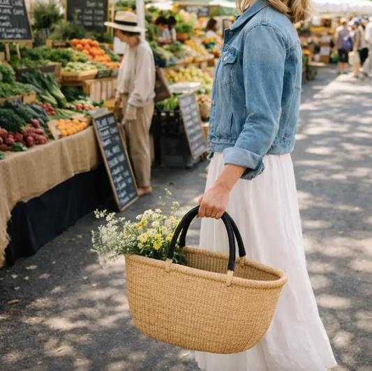 Handwoven Oval Market Basket with Leather Handles