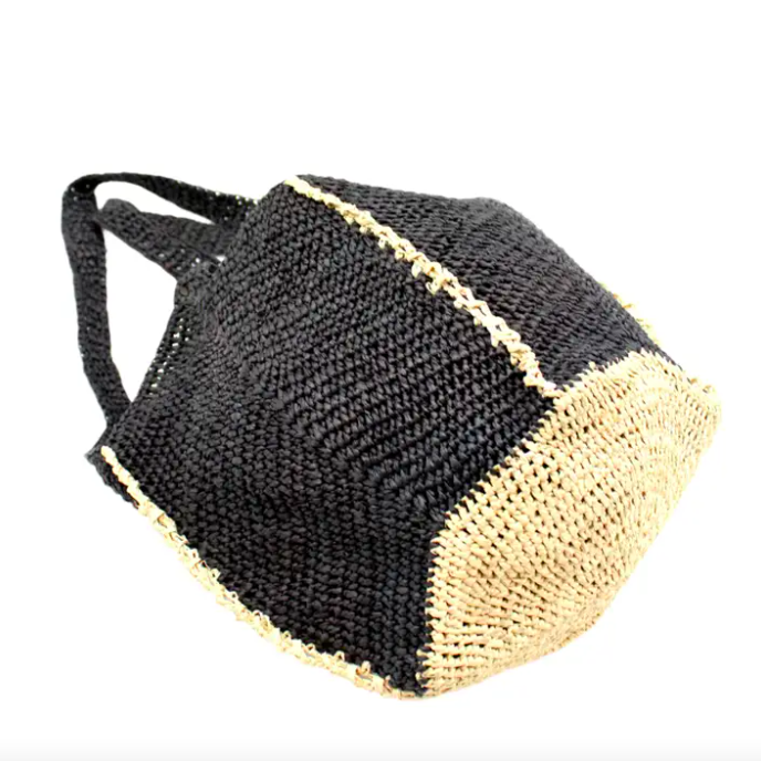 Crochet Straw Shoulder Bag in Black