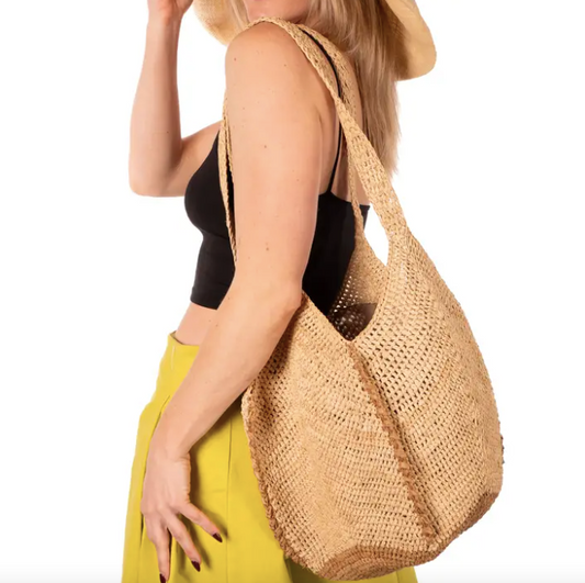 Crochet Straw Shoulder Bag in Tan