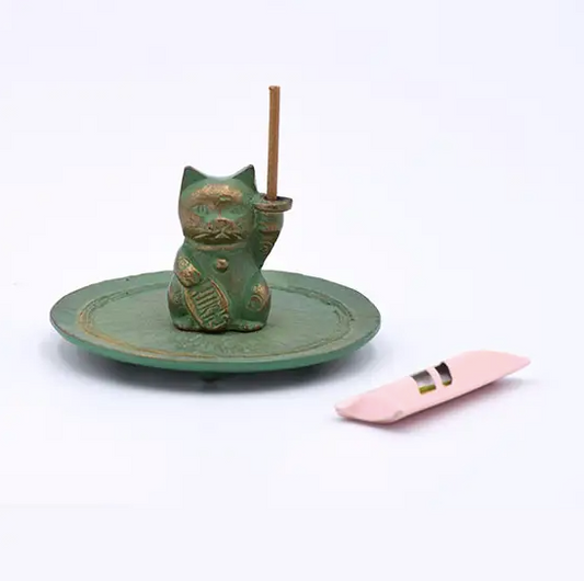 Solid Brass Maneki Neko Incense Holder