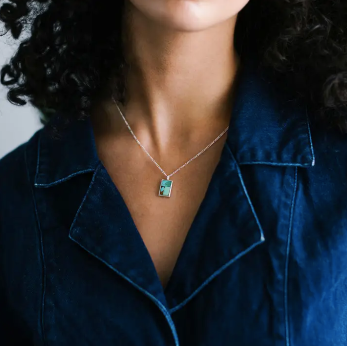 Turquoise Mosaic Token Necklace in Sterling Silver