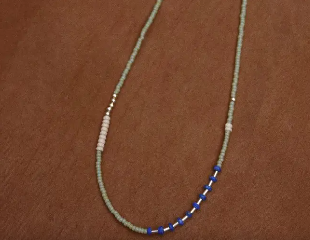Beaded Necklace in Sage & Lapis- 18"