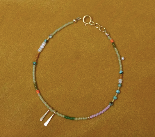 Dainty Seed Bead Bracelet in Sage with Turquoise