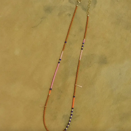 Dainty Beaded Necklace in Sienna with Lapis