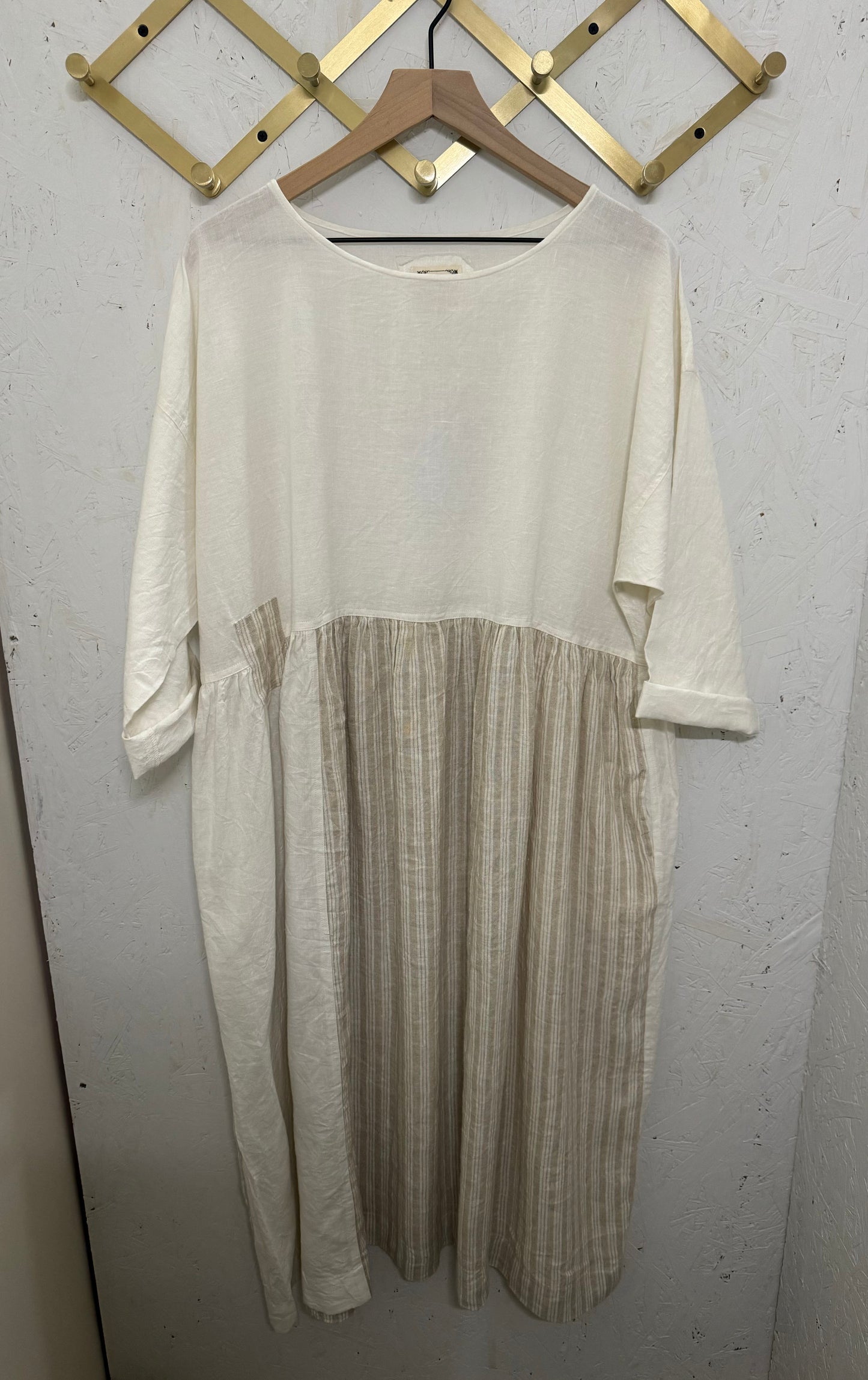 Linen Dress, White & Beige Stripe