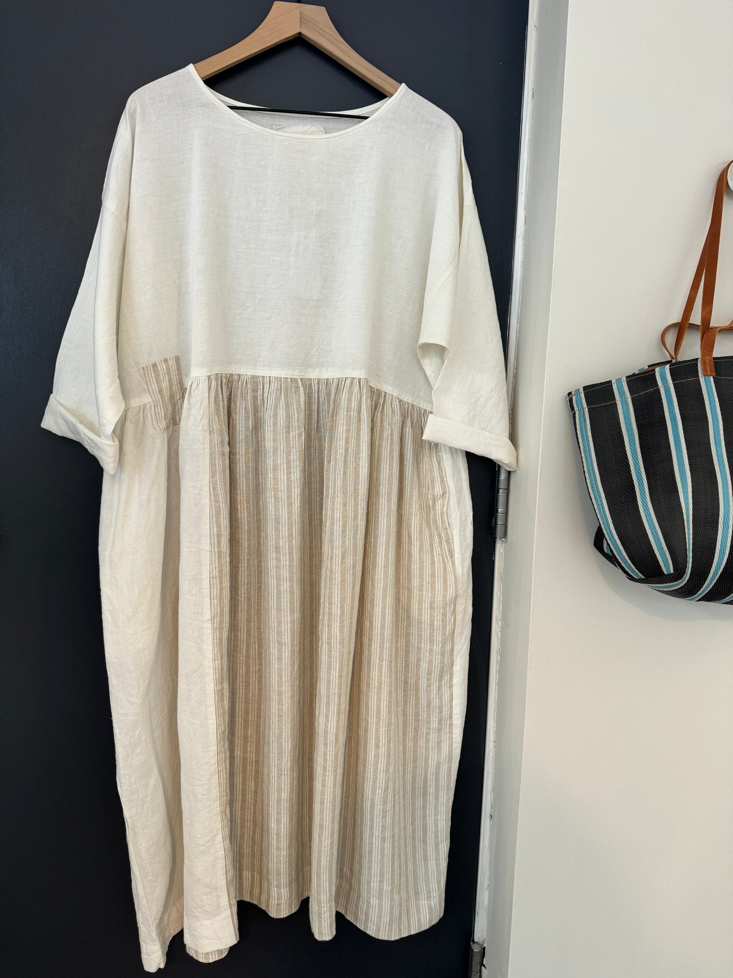 Linen Dress, White & Beige Stripe