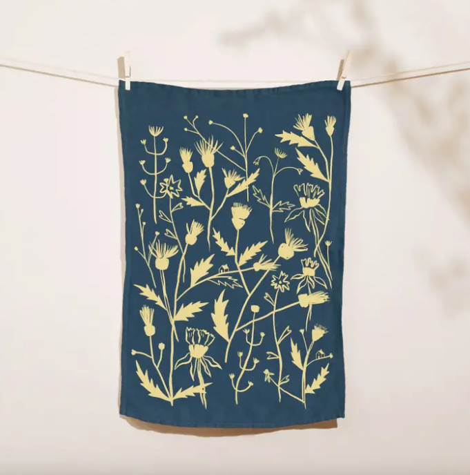 Wild Weeds Indigo Linen Tea Towel