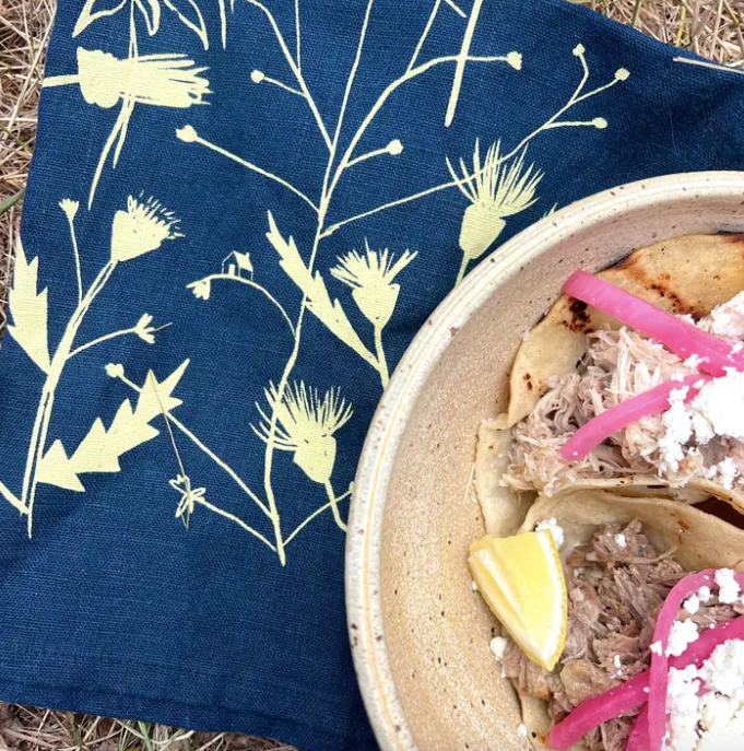 Wild Weeds Indigo Linen Tea Towel
